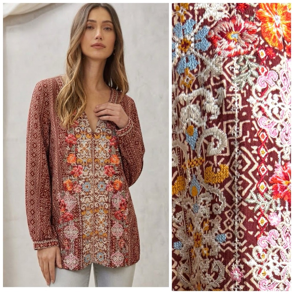 Savanna Jane Embroidered Blouse Tunic Top Medium Rayon Boho